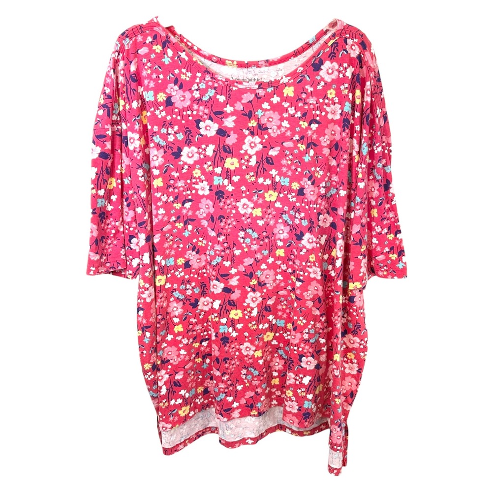 Woman Within Plus Size 30/32 Top 3X Pink 3/4 Sleeve Tunic Tee‎ Ditzy Floral 1536
